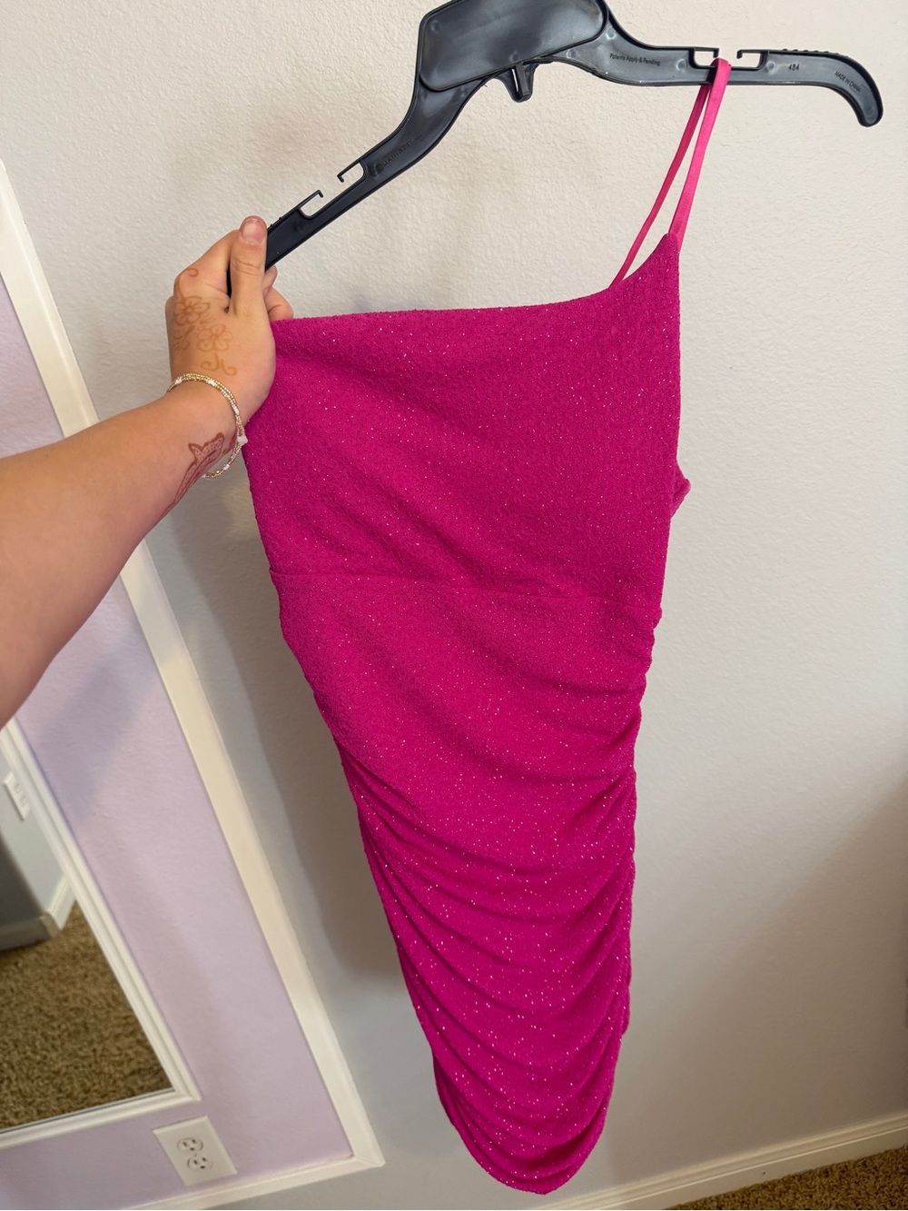 Honey and Rosie Fuchsia One-Shoulder Ruched Sparkle Dress